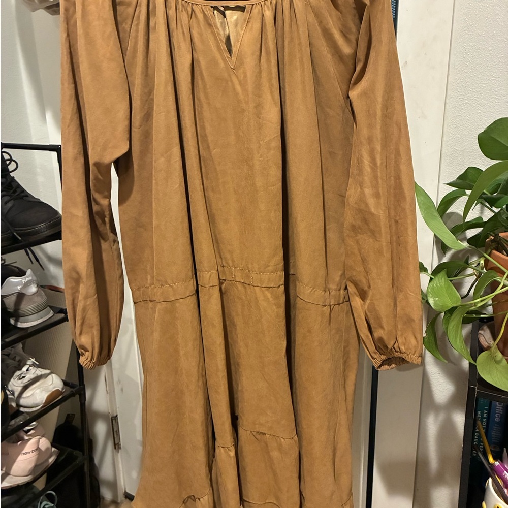Tan Off the Shoulder Pleated Sundress